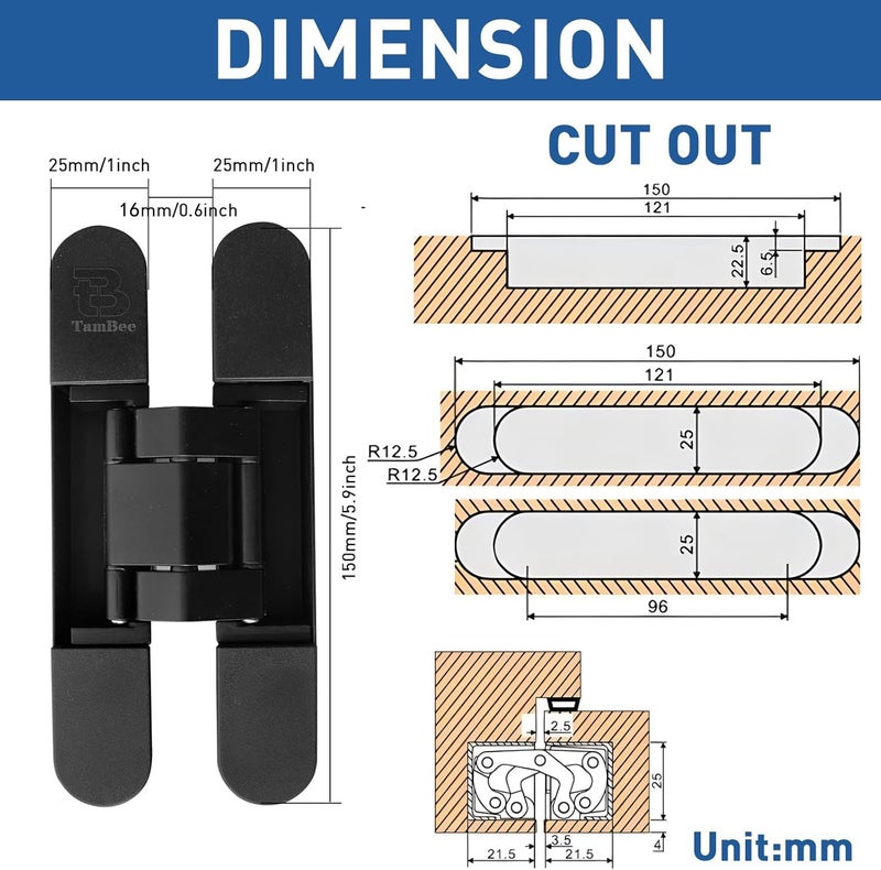 TamBee Hidden Hinges Concealed Door Hinge - Black, Zinc Alloy, Invisible, 3 Way Adjustable for Hidden Door, Bookcase Door and Secret Doors 6 Inch (1 Hinge) - Image 2
